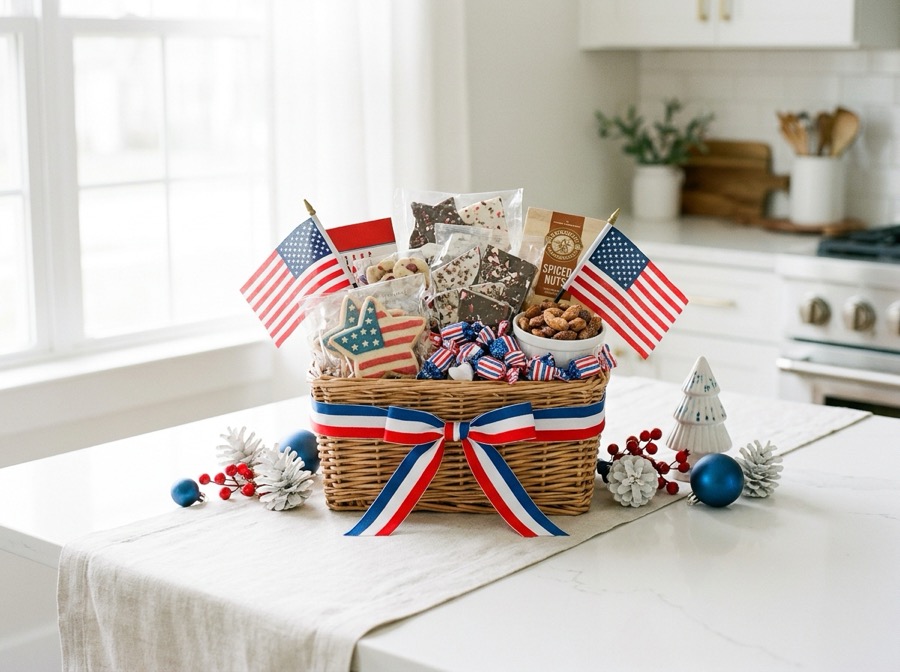 Patriotic gift basket with ribbon and gourmet snacks