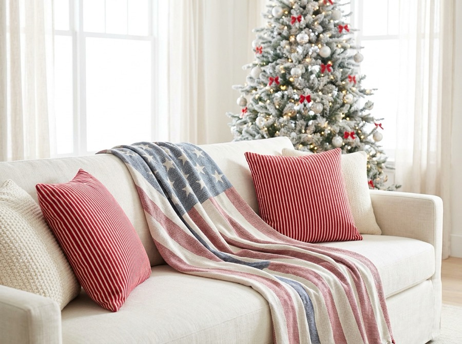 American flag throw blanket on a linen sofa