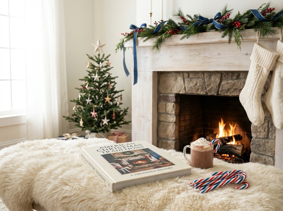 American Christmas traditions book by a fireplace