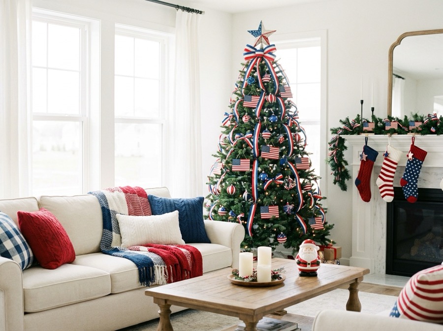 A bright living room decorated for a patriotic American Christmas