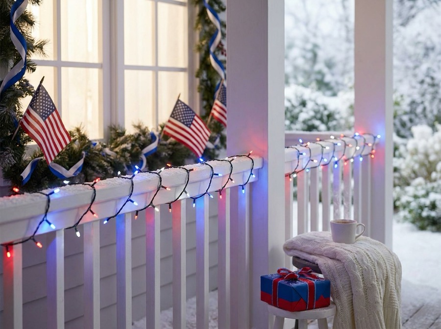 Red white and blue Christmas lights on a porch railing