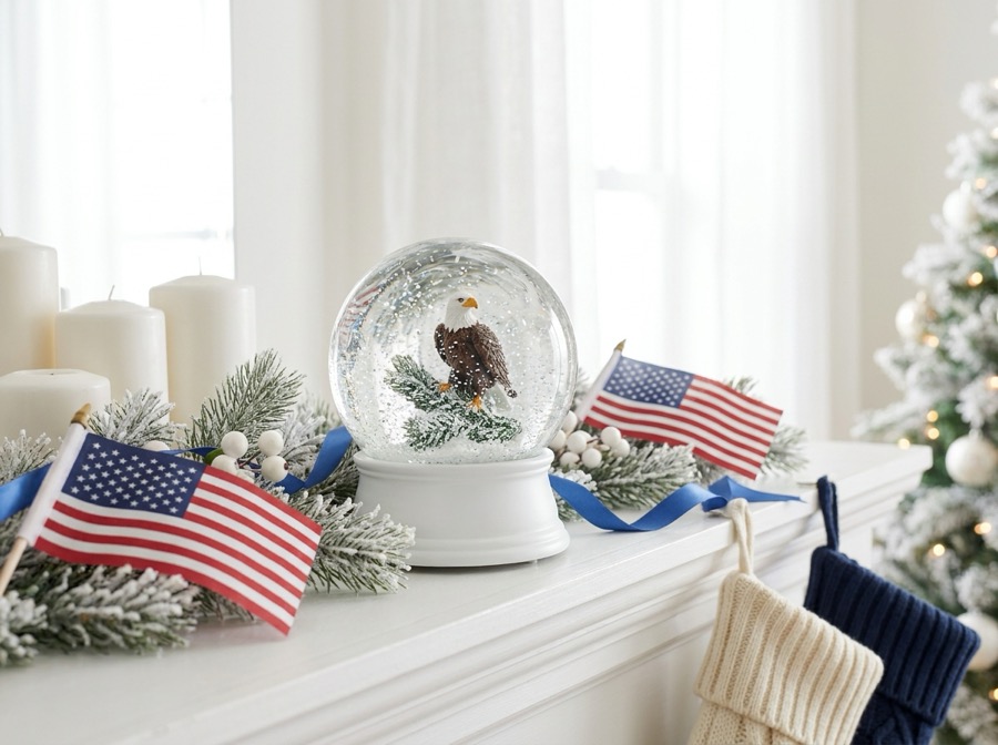 American eagle snow globe on a white mantel