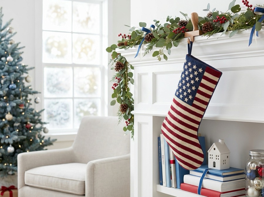 American flag Christmas stocking on a mantel