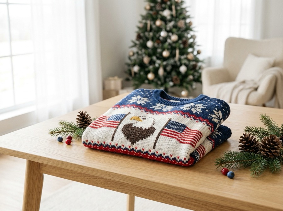 Folded patriotic Christmas sweater with eagle and flag pattern