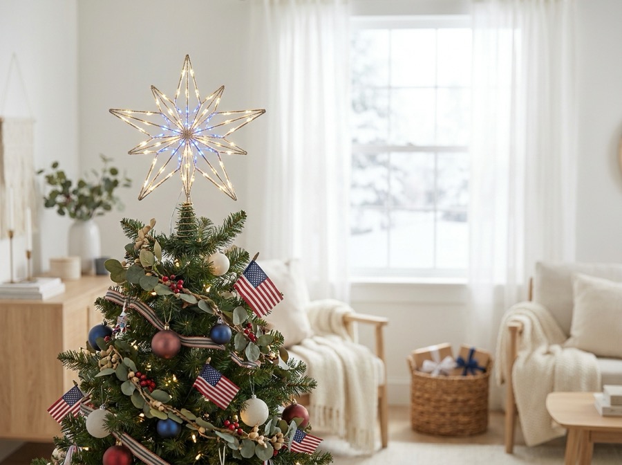 Illuminated patriotic star Christmas tree topper